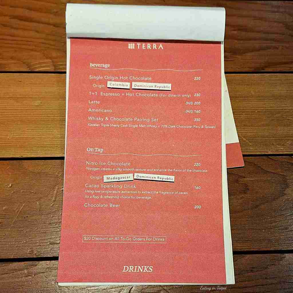 TERRA Bean to Bar Chocolate menu drinks